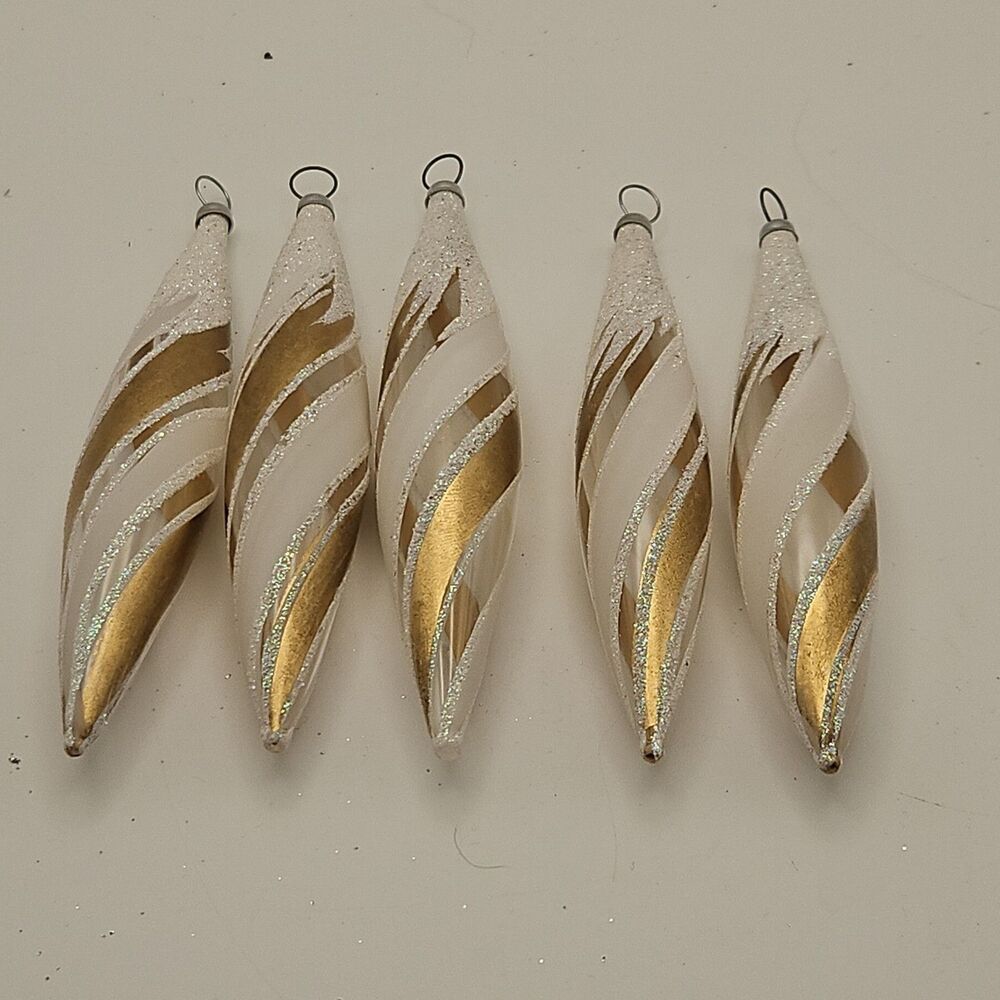 Vintage Set Of 5 Teardrop Ornaments Gold White Glitter